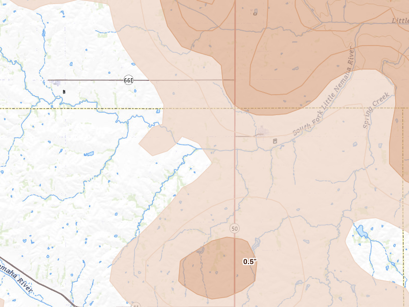 Radar-estimated hail-size map of the storm over Cook, NE on Aug 19, 2026