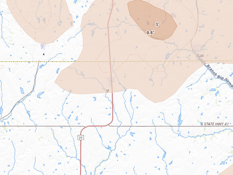 Radar-estimated hail-size map of the storm over Cortland, NE on Jun 5, 2026