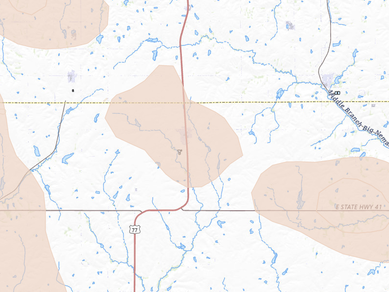 Radar-estimated hail-size map of the storm over Cortland, NE on Aug 19, 2026