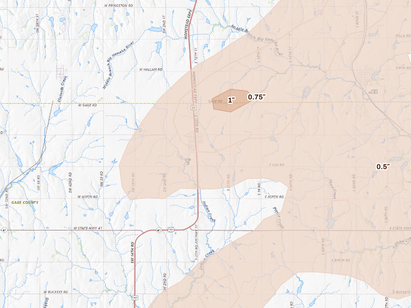 Radar-estimated hail-size map of the storm over Cortland, NE