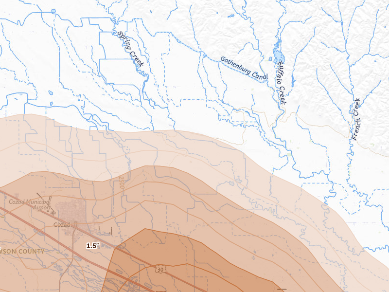 Radar-estimated hail-size map of the storm over Cozad, NE on May 16, 2026
