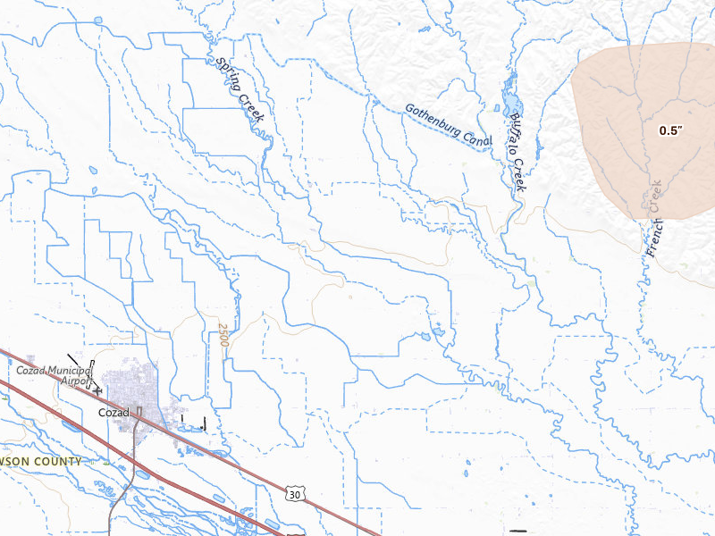 Radar-estimated hail-size map of the storm over Cozad, NE on May 30, 2026