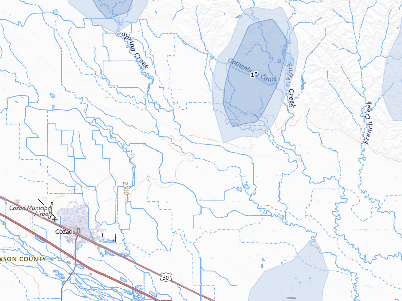 NEXRAD radar-signature map of the hail storm over Cozad, NE on May 30, 2026