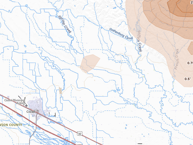 Radar-estimated hail-size map of the storm over Cozad, NE on Jun 8, 2026