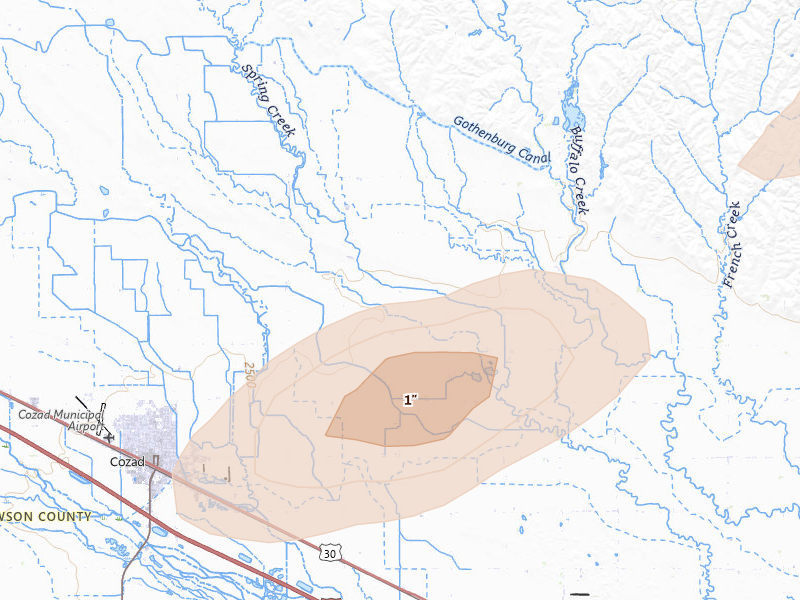 Radar-estimated hail-size map of the storm over Cozad, NE on Jun 12, 2026