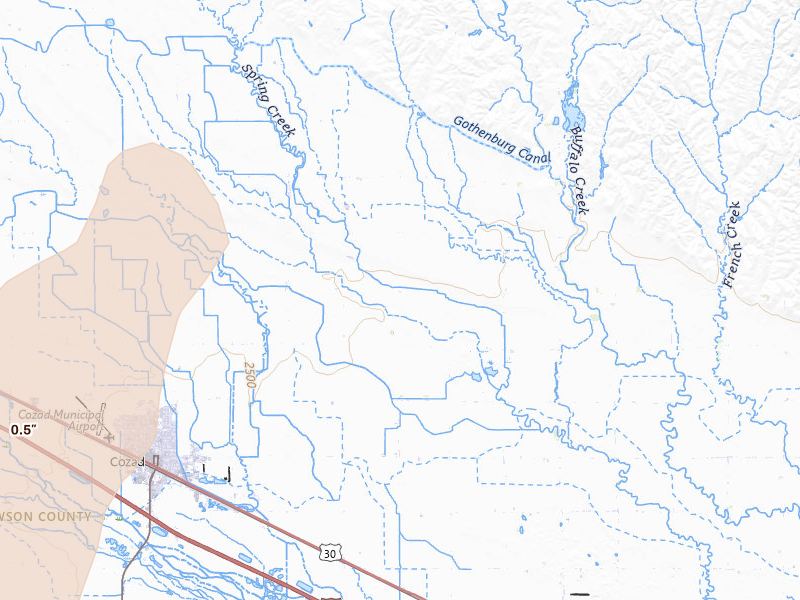 Radar-estimated hail-size map of the storm over Cozad, NE on Jul 2, 2026