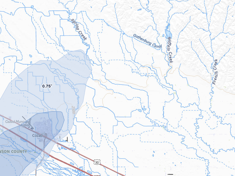 NEXRAD radar-signature map of the hail over Cozad, NE