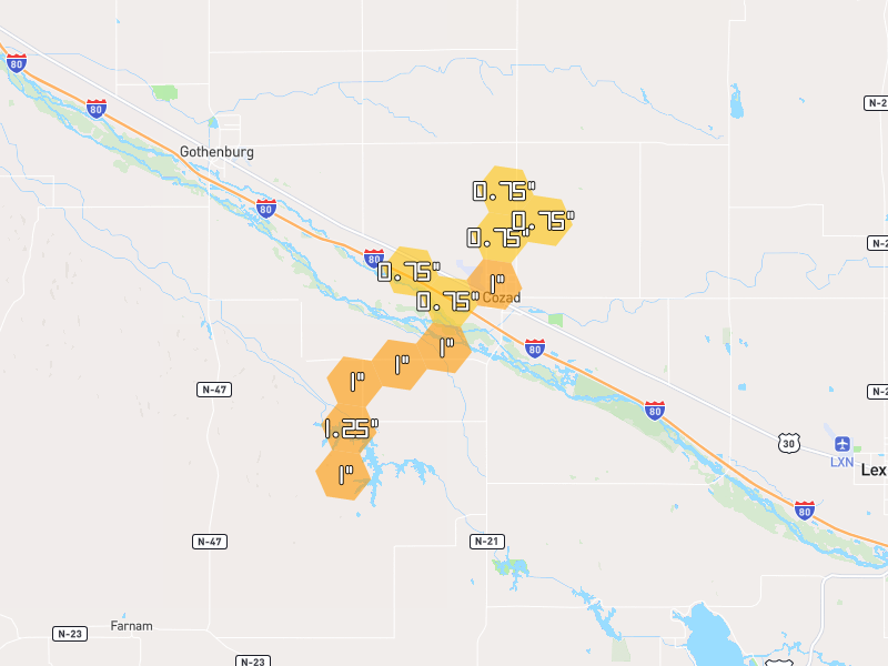 Hail map of Cozad, NE on Jul 3, 2026, hail up to 1.25"