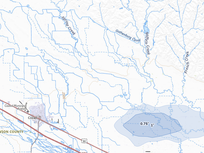 NEXRAD radar-signature map of the hail storm over Cozad, NE on Jul 8, 2026