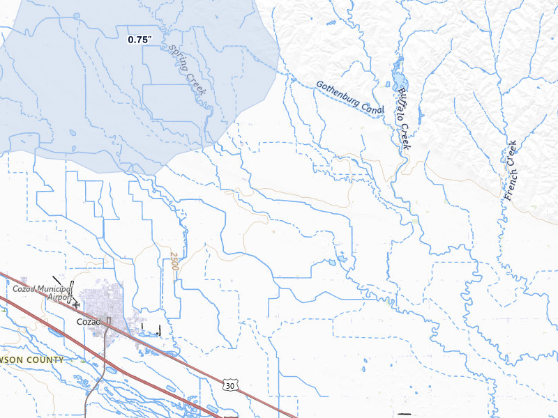 NEXRAD radar-signature map of the hail storm over Cozad, NE on Jul 27, 2026