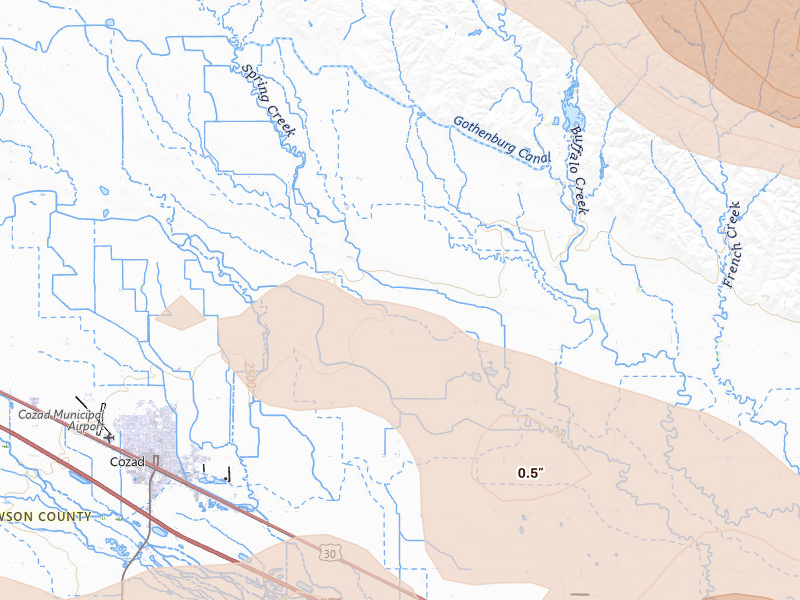 Radar-estimated hail-size map of the storm over Cozad, NE on Jul 30, 2026