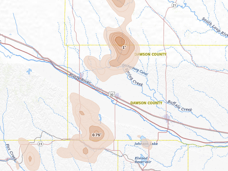 Radar-estimated hail-size map of the storm over Cozad, NE on Aug 20, 2026