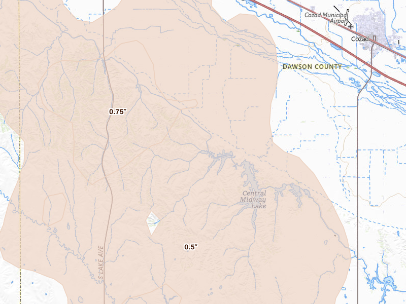 Radar-estimated hail-size map of the storm over Cozad, NE on Aug 27, 2026