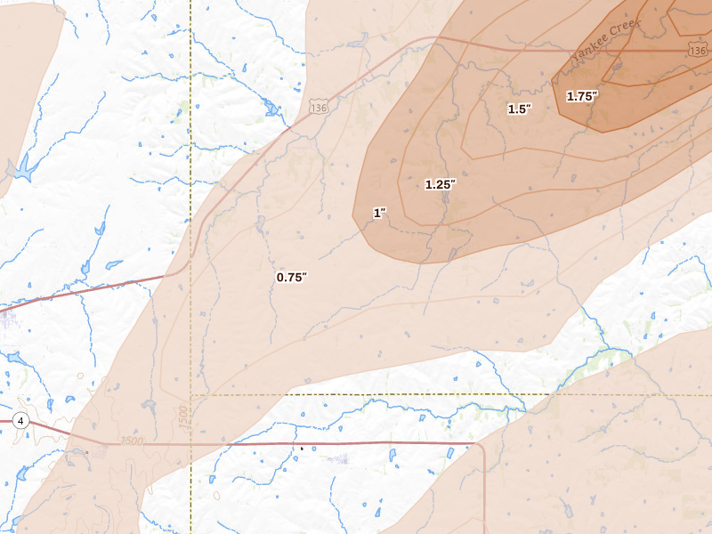 Radar-estimated hail-size map of the storm over Crab Orchard, NE on Apr 23, 2026