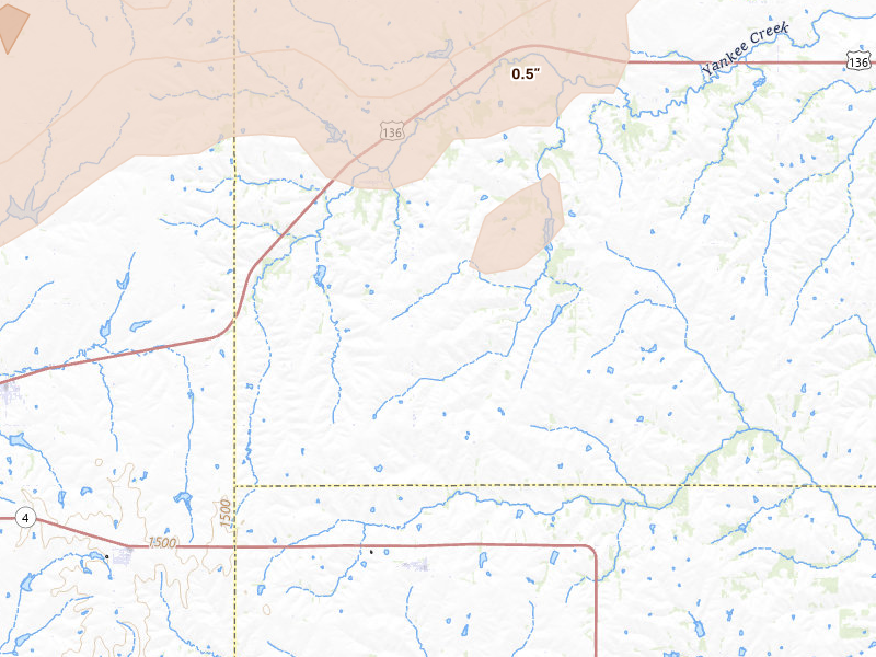 Radar-estimated hail-size map of the storm over Crab Orchard, NE on May 16, 2026