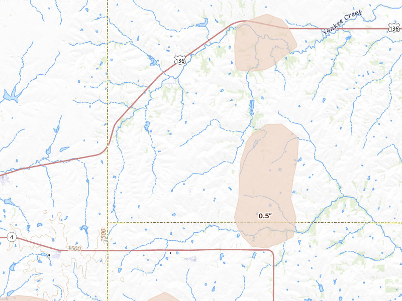 Radar-estimated hail-size map of the storm over Crab Orchard, NE on May 17, 2026