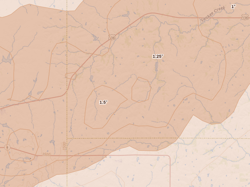 Radar-estimated hail-size map of the storm over Crab Orchard, NE on May 18, 2026