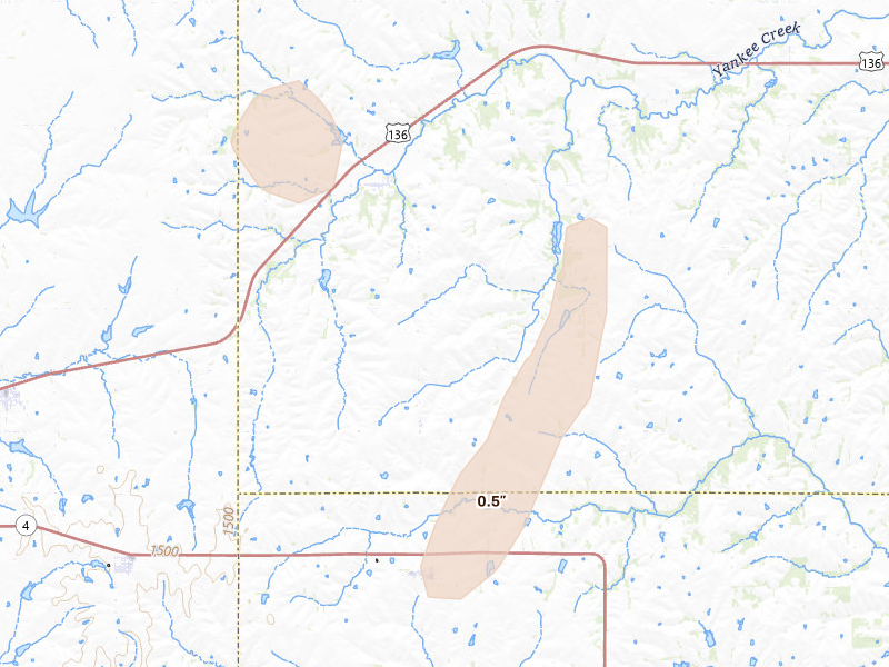 Radar-estimated hail-size map of the storm over Crab Orchard, NE on May 29, 2026