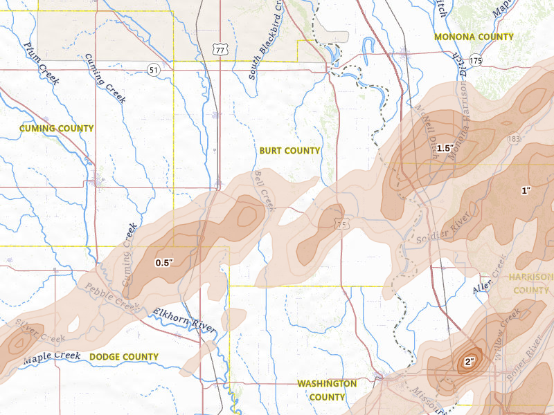 Radar-estimated hail-size map of the storm over Craig, NE on Apr 23, 2026