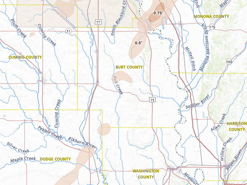 Radar-estimated hail-size map of the storm over Craig, NE on May 18, 2026