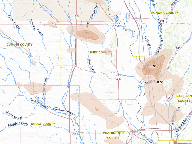 Radar-estimated hail-size map of the storm over Craig, NE on May 31, 2026