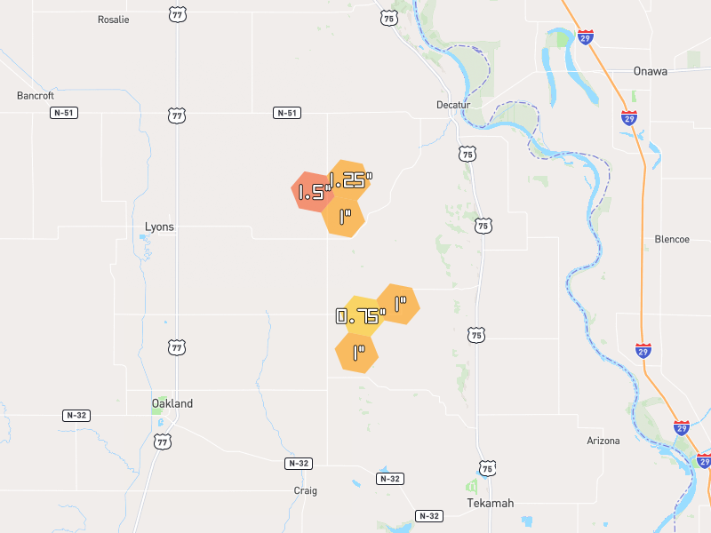 Hail map of Craig, NE on Jun 1, 2026, hail up to 1.5"