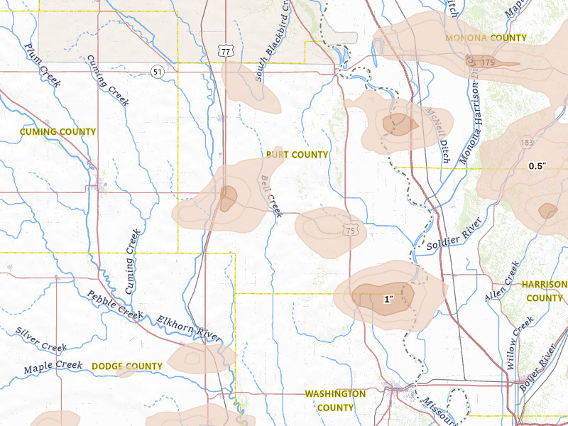 Radar-estimated hail-size map of the storm over Craig, NE on Jul 8, 2026
