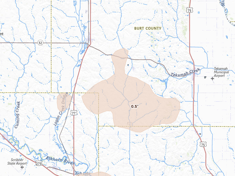 Radar-estimated hail-size map of the storm over Craig, NE on Aug 12, 2026
