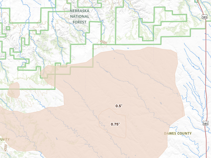 Radar-estimated hail-size map of the storm over Crawford, NE on Jun 22, 2026