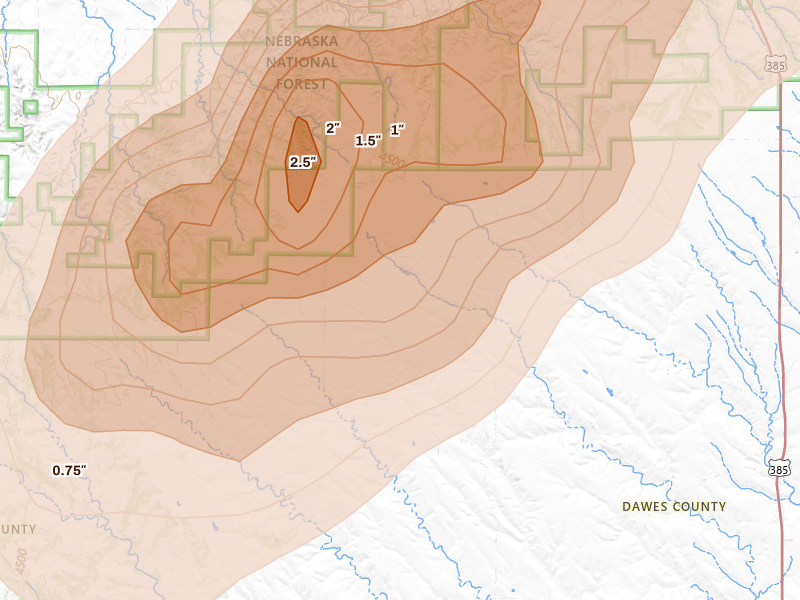 Radar-estimated hail-size map of the storm over Crawford, NE on Jun 28, 2026