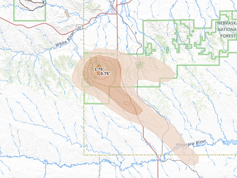 Radar-estimated hail-size map of the storm over Crawford, NE on Aug 8, 2026