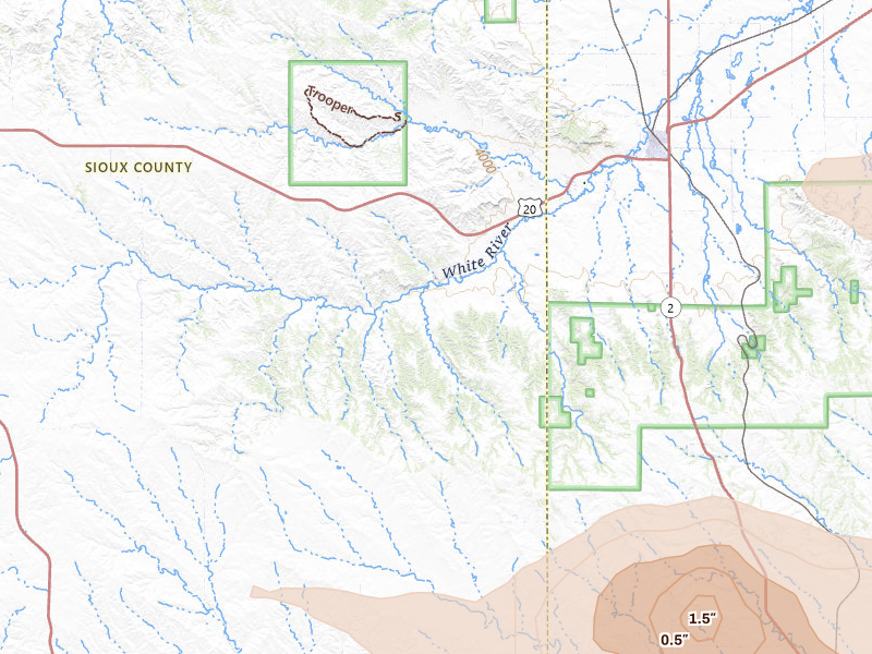 Radar-estimated hail-size map of the storm over Crawford, NE on Aug 9, 2026