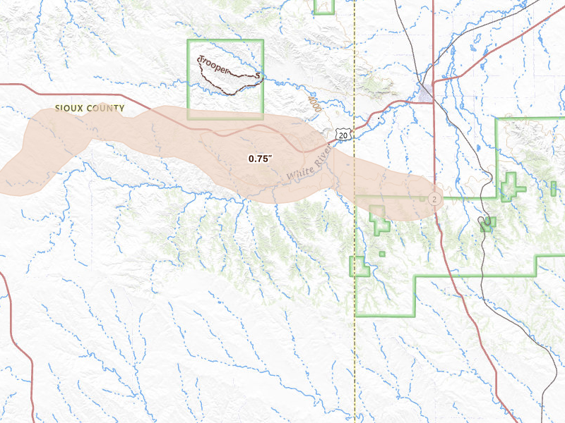 Radar-estimated hail-size map of the storm over Crawford, NE on Aug 12, 2026