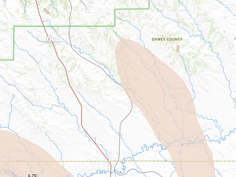 Radar-estimated hail-size map of the storm over Crawford, NE on Aug 21, 2026