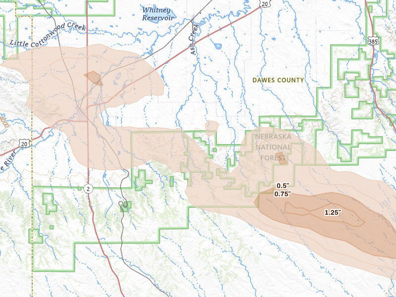 Radar-estimated hail-size map of the storm over Crawford, NE on Aug 23, 2026