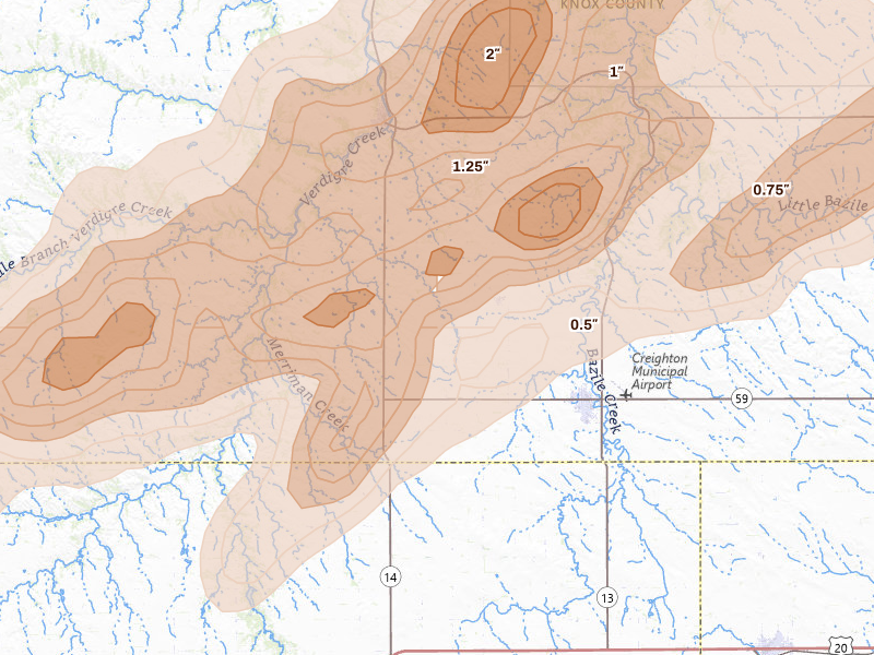 Radar-estimated hail-size map of the storm over Creighton, NE on Jun 29, 2026