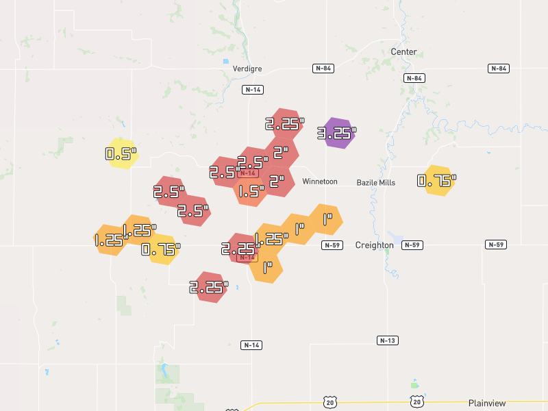 Hail map of Creighton, NE on Jun 30, 2026, hail up to 3.25"