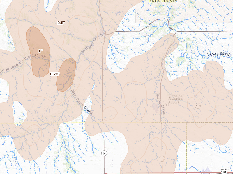 Radar-estimated hail-size map of the storm over Creighton, NE on Jul 2, 2026
