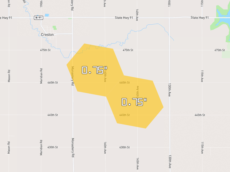 Hail map of Creston, NE on Jul 9, 2026, hail up to 0.75"