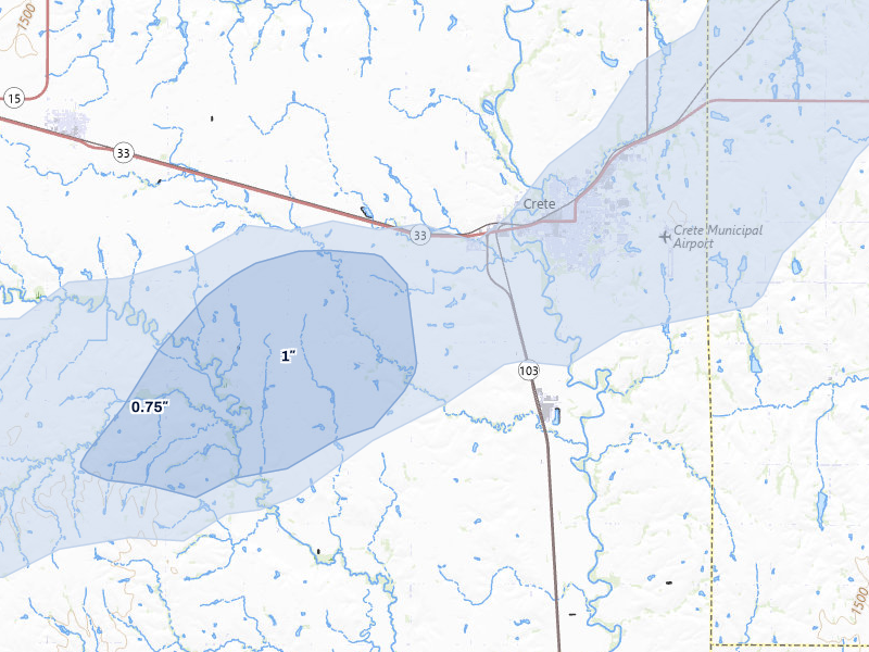 NEXRAD radar-signature map of the hail over Crete, NE
