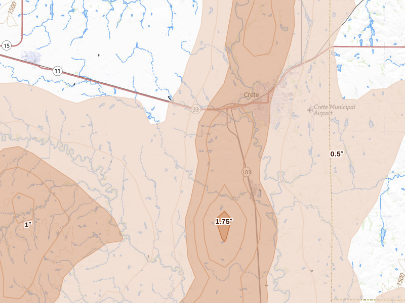 Radar-estimated hail-size map of the storm over Crete, NE on May 16, 2026