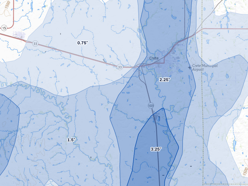 NEXRAD radar-signature map of the hail storm over Crete, NE on May 16, 2026