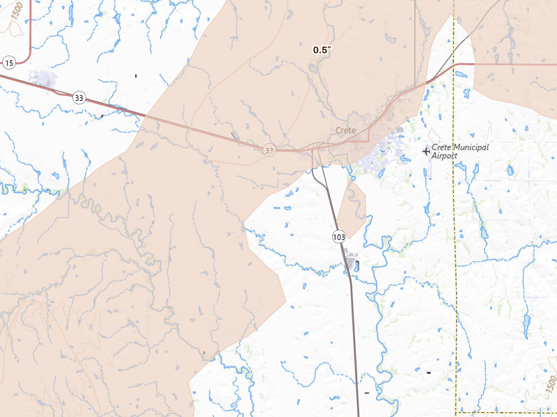 Radar-estimated hail-size map of the storm over Crete, NE on May 17, 2026