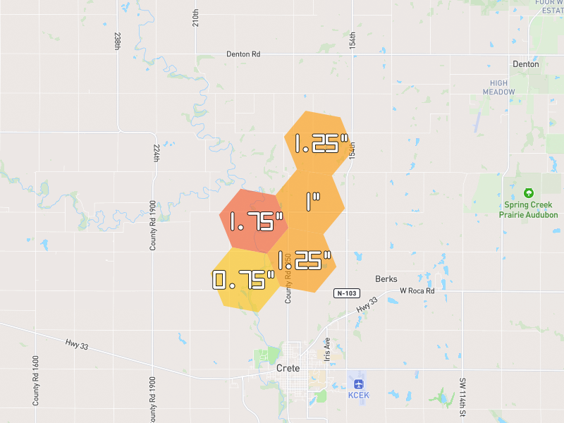 Hail map of Crete, NE on Jun 6, 2026, hail up to 1.75"
