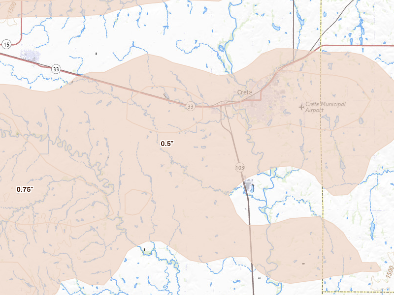 Radar-estimated hail-size map of the storm over Crete, NE on Jul 3, 2026