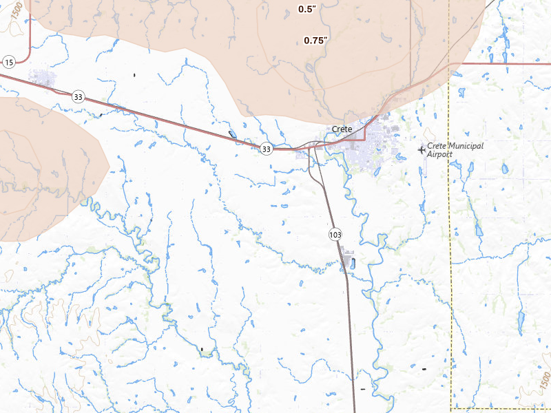 Radar-estimated hail-size map of the storm over Crete, NE on Jul 8, 2026