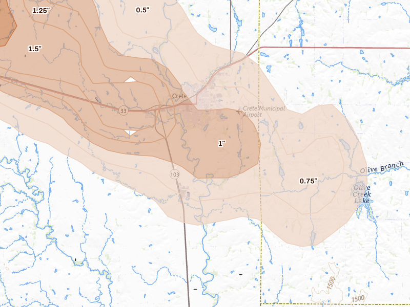 Radar-estimated hail-size map of the storm over Crete, NE on Aug 17, 2026