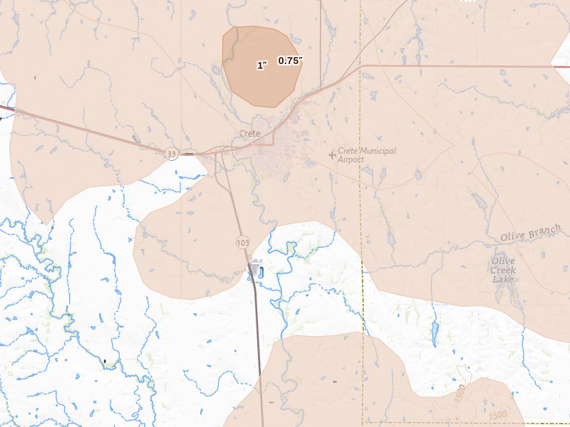 Radar-estimated hail-size map of the storm over Crete, NE on Aug 19, 2026