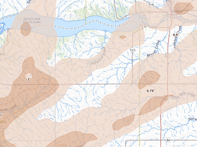 Radar-estimated hail-size map of the storm over Crofton, NE on Jun 29, 2026
