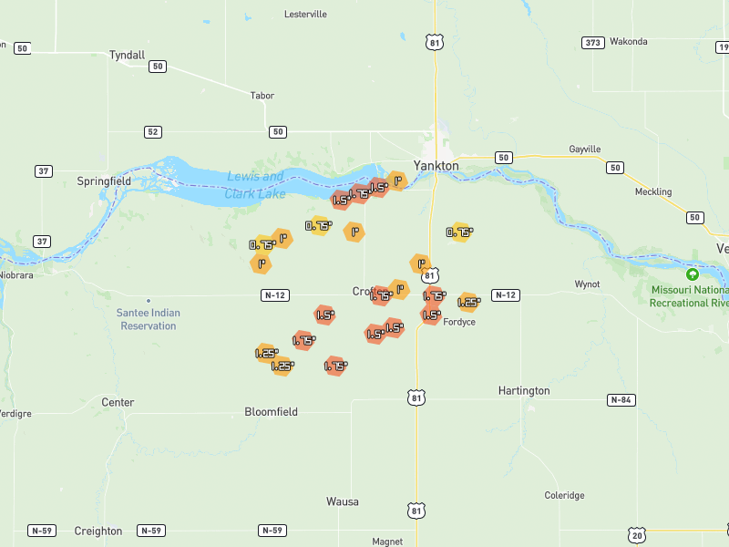 Hail map of Crofton, NE on Jun 30, 2026, hail up to 1.75"